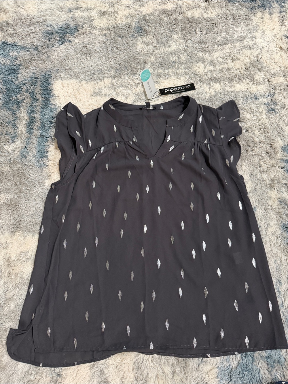 Papermoon Black Blouse with Silver Metallic Leaf Accents